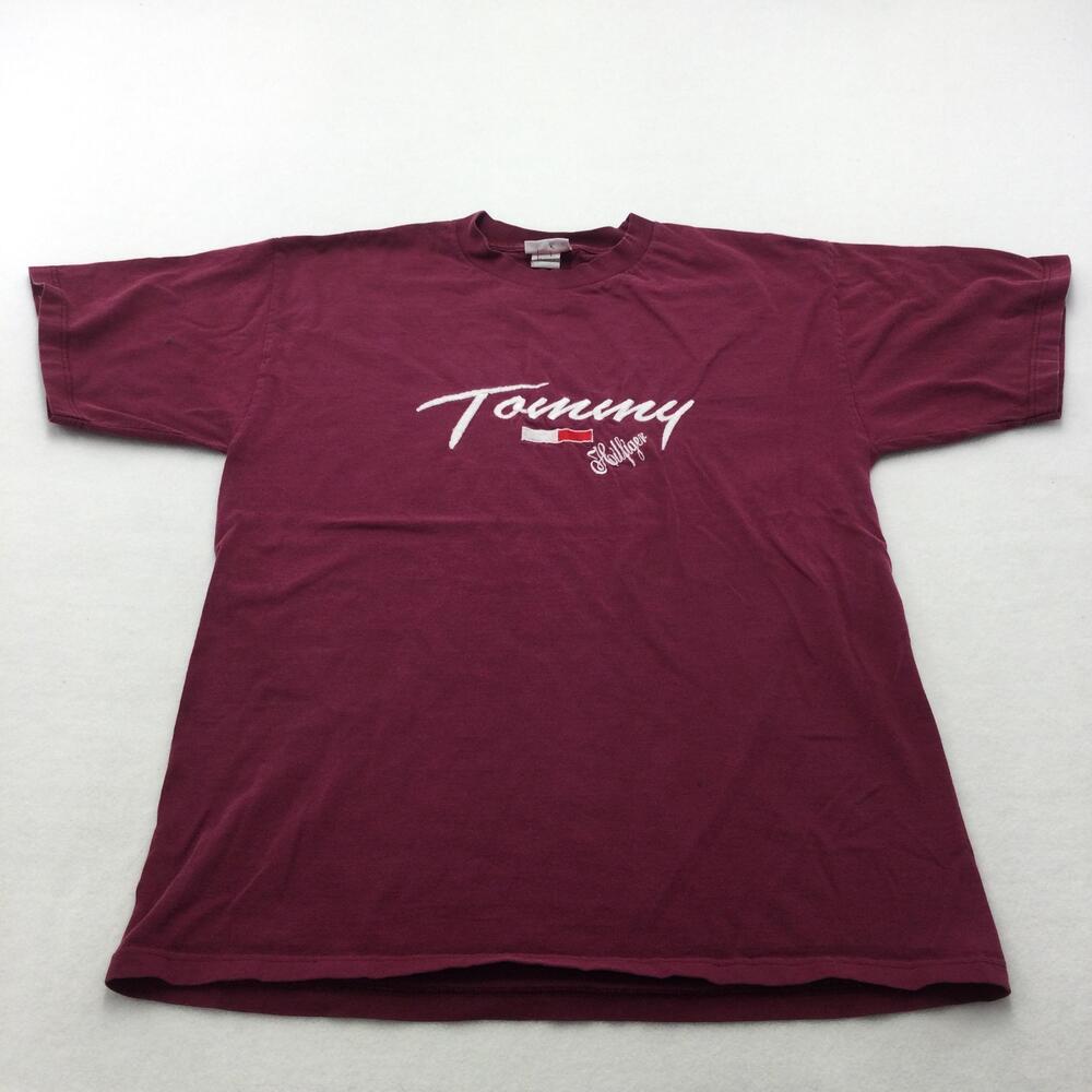 Vintage Tommy Hilfiger Shirt Mens Large Red Script Embroidered Logo Tee USA 90s